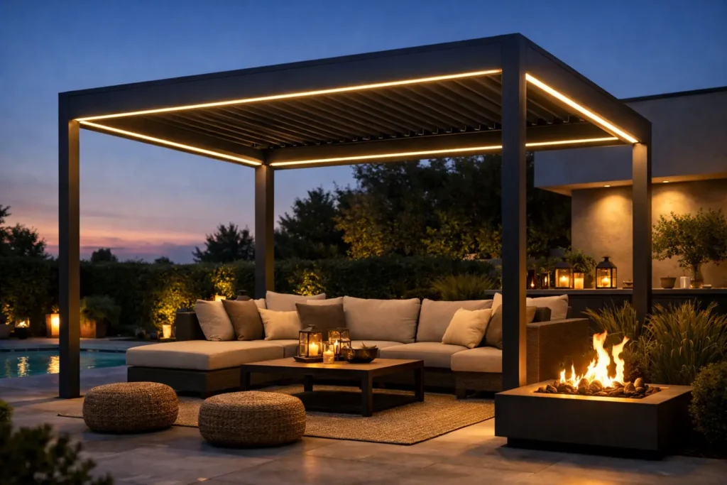 Pergola z LED osvetlitvijo za večerno udobje